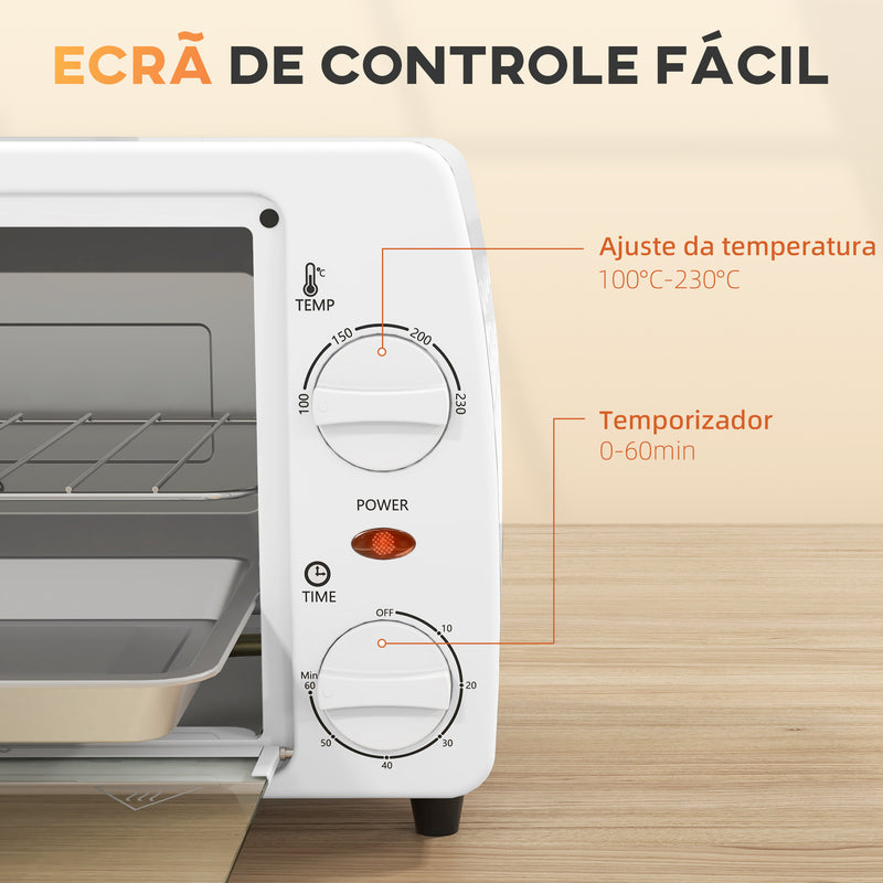 Mini Forno Elétrico 10 Litros 750W com Temperatura até 230 °C Temporizador 60 Minutos Bandeja e Grade 36,5x26x22 cm Branco