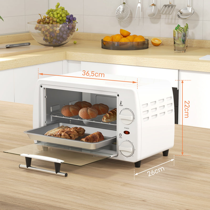 Mini Forno Elétrico 10 Litros 750W com Temperatura até 230 °C Temporizador 60 Minutos Bandeja e Grade 36,5x26x22 cm Branco