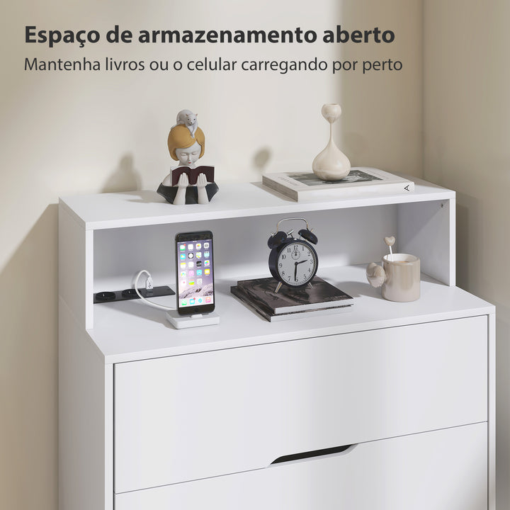 Cómoda com 4 Gavetas e Estação de Carregamento Móvel de Arrumação para Quarto com Porta USB Porta USB-C Prateleira Aberta 80x40x120 cm Branco