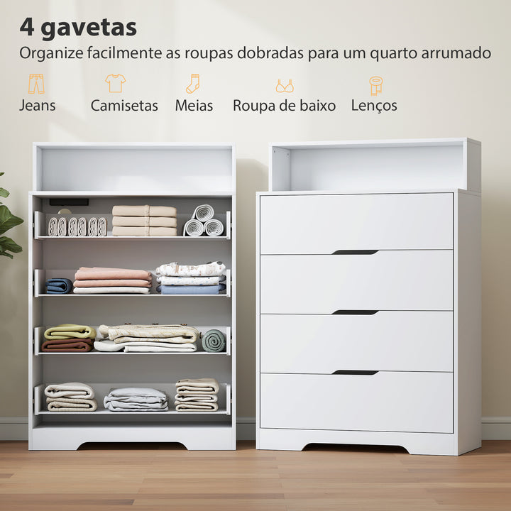 Cómoda com 4 Gavetas e Estação de Carregamento Móvel de Arrumação para Quarto com Porta USB Porta USB-C Prateleira Aberta 80x40x120 cm Branco
