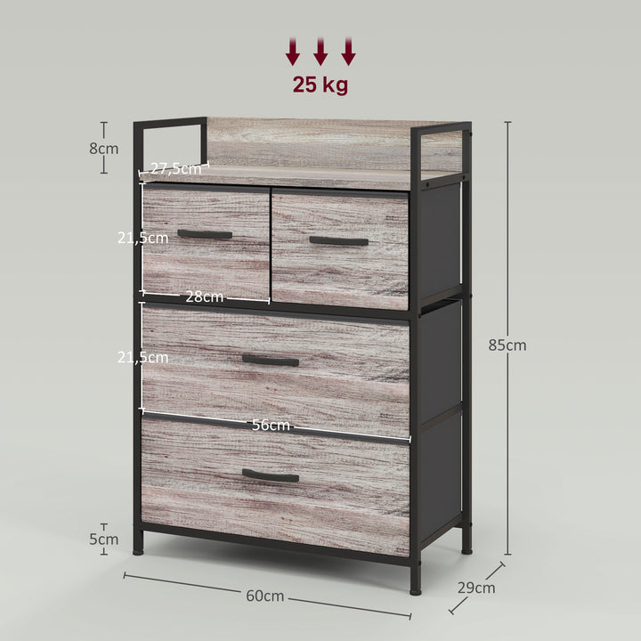 Cómoda de Quarto Armário de Armazenamento com 4 Gavetas Dobráveis Prateleira Aberta e Estrutura de Aço para Sala Entrada 60x29x85 cm Cinzento