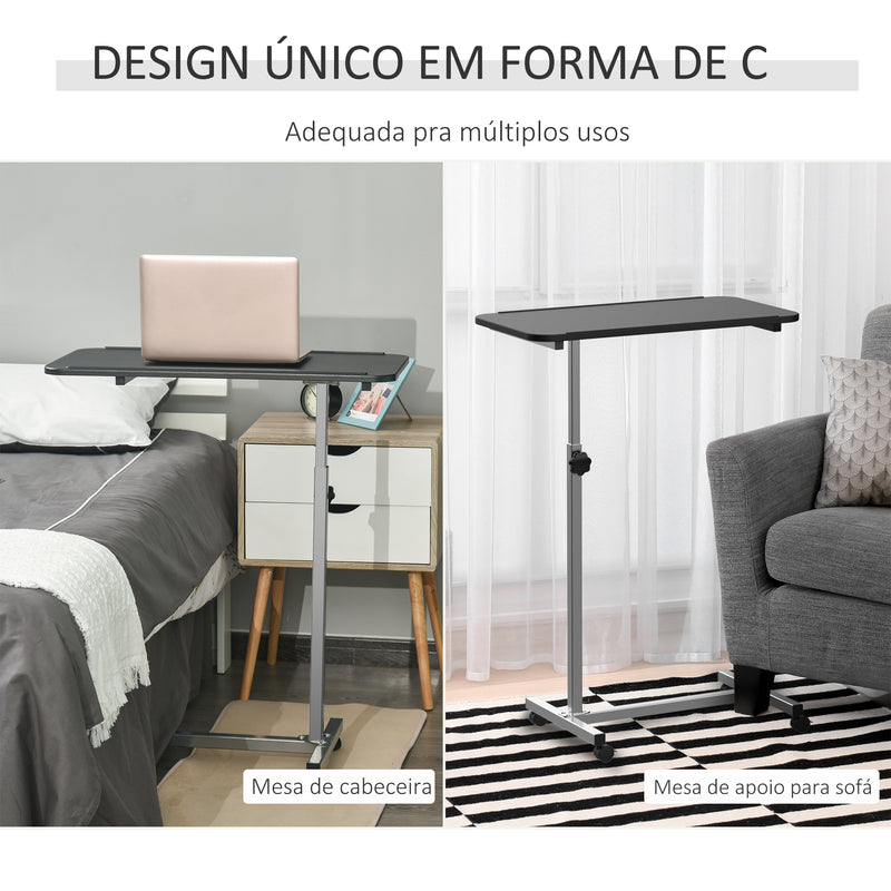 Mesa Auxiliar com Rodas Mesa para Sofá ou Cama com Altura Ajustável e Estrutura de Metal Carga 20 kg para Quarto Sala Escritório 77x40x76-100 cm Preto e Prata