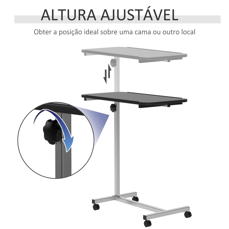 Mesa Auxiliar com Rodas Mesa para Sofá ou Cama com Altura Ajustável e Estrutura de Metal Carga 20 kg para Quarto Sala Escritório 77x40x76-100 cm Preto e Prata