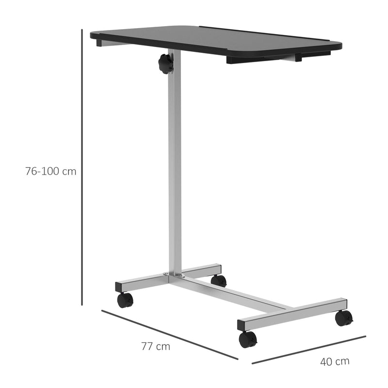 Mesa Auxiliar com Rodas Mesa para Sofá ou Cama com Altura Ajustável e Estrutura de Metal Carga 20 kg para Quarto Sala Escritório 77x40x76-100 cm Preto e Prata