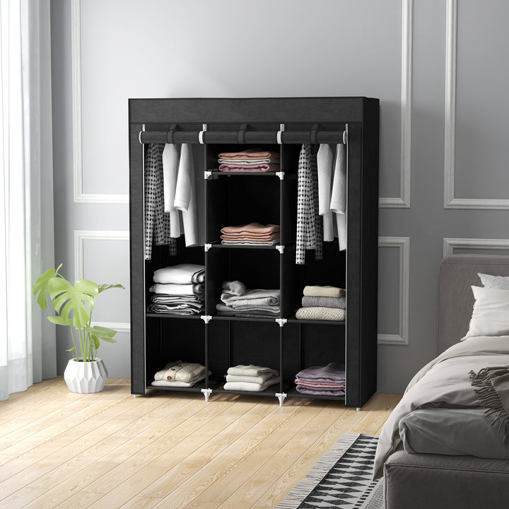 Roupeiro de Tecido Dobrável Armário Portátil com 8 Prateleiras de Armazenamento e 2 Barras de Pendurar Organizador de Roupa para Dormitório Vestidor 125x43x162,5 cm Preto