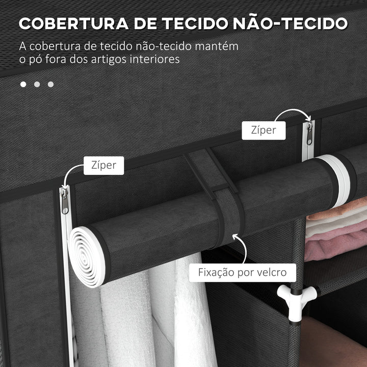 Roupeiro de Tecido Dobrável Armário Portátil com 8 Prateleiras de Armazenamento e 2 Barras de Pendurar Organizador de Roupa para Dormitório Vestidor 125x43x162,5 cm Preto