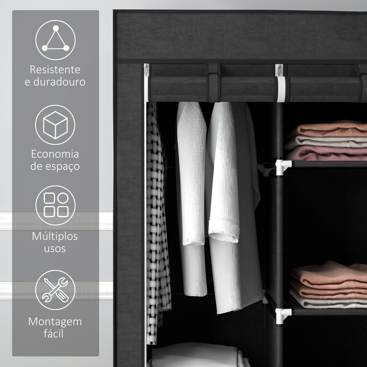 Roupeiro de Tecido Dobrável Armário Portátil com 8 Prateleiras de Armazenamento e 2 Barras de Pendurar Organizador de Roupa para Dormitório Vestidor 125x43x162,5 cm Preto