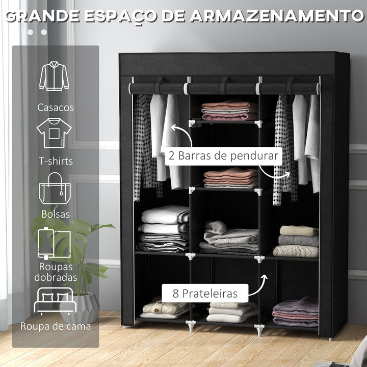 Roupeiro de Tecido Dobrável Armário Portátil com 8 Prateleiras de Armazenamento e 2 Barras de Pendurar Organizador de Roupa para Dormitório Vestidor 125x43x162,5 cm Preto