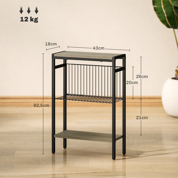 Mesa Auxiliar Estreita de 3 Níveis Mesinha Auxiliar Industrial com Prateleiras Abertas e Estrutura de Aço para Sala de Estar Quarto 43x18x62,5 cm Madeira