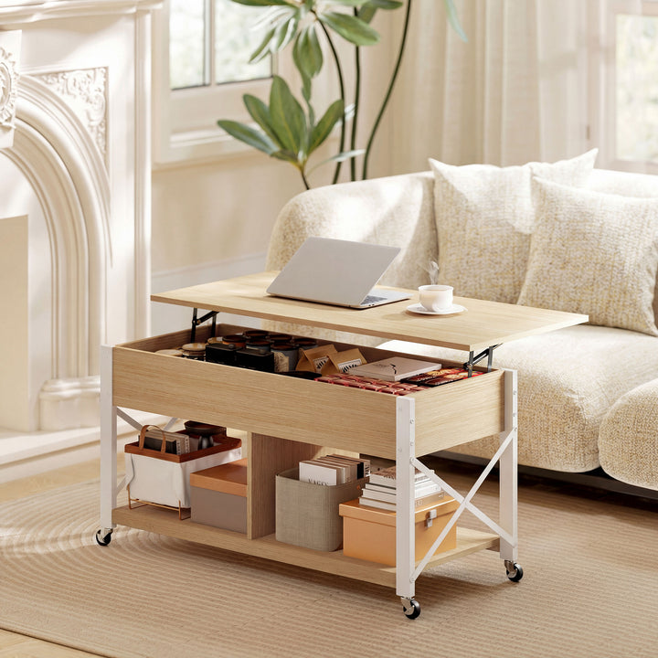 Mesa de Centro Elevatória com Rodas Mesa de Sala com Compartimento Oculto Prateleiras Abertas Mesa de Café para Sala de Jantar Escritório 105x50x67 cm Madeira e Branco