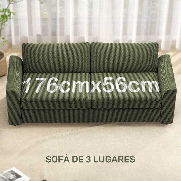 Sofá de 3 Lugares Sofá Sala de Estar 212x80x88 cm Estofado em Veludo Canelado com 2 Almofadas Apoios de Braço e Almofada de Molas Desenho Moderno para Sala de Estar Quarto Verde