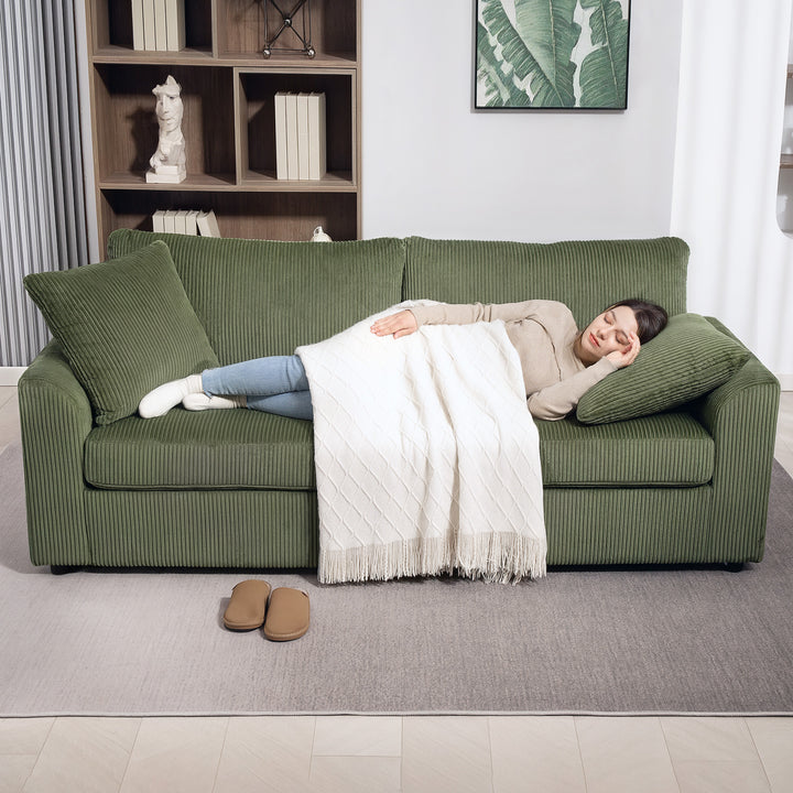 Sofá de 3 Lugares Sofá Sala de Estar 212x80x88 cm Estofado em Veludo Canelado com 2 Almofadas Apoios de Braço e Almofada de Molas Desenho Moderno para Sala de Estar Quarto Verde