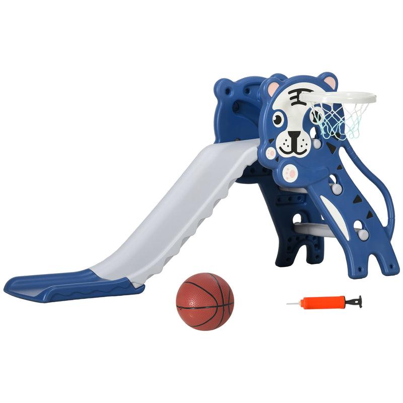 Escorrega para Crianças 2 em 1 Escorrega para Crianças de 18 a 36 Meses com 2 Degraus Cesta de Basquetebol e Desenho de Tigre para Interior 133x60x70 cm Azul e Cinza