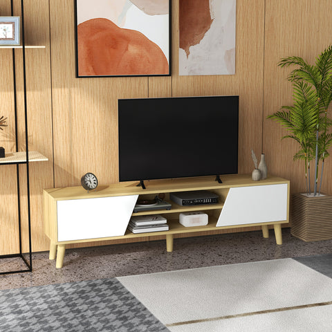 Móvel de TV Móvel para Sala de Estar para TV com 2 Portas 2 Estantes e 5 Pés de Madeira de Borracha para Televisores de até 65 Polegadas 150x30x42 cm Madeira e Branco