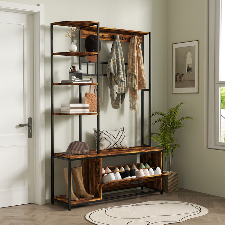 Móvel Cabide de Entrada com Sapateira Móvel de Entrada 4 em 1 com Banco Sapateira Prateleiras Ganchos Compartimento e Sistema Anti-Tombo para Corredor Dormitório 120x35x180 cm Marrom Escuro