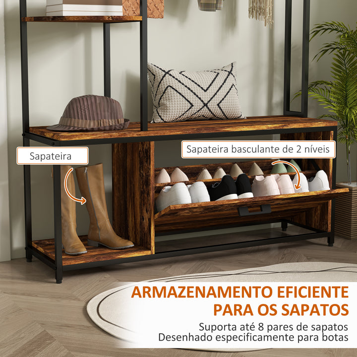 Móvel Cabide de Entrada com Sapateira Móvel de Entrada 4 em 1 com Banco Sapateira Prateleiras Ganchos Compartimento e Sistema Anti-Tombo para Corredor Dormitório 120x35x180 cm Marrom Escuro