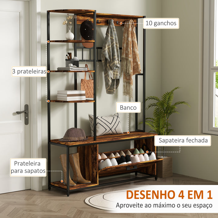 Móvel Cabide de Entrada com Sapateira Móvel de Entrada 4 em 1 com Banco Sapateira Prateleiras Ganchos Compartimento e Sistema Anti-Tombo para Corredor Dormitório 120x35x180 cm Marrom Escuro