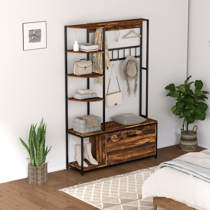Móvel Cabide de Entrada com Sapateira Móvel de Entrada 4 em 1 com Banco Sapateira Prateleiras Ganchos Compartimento e Sistema Anti-Tombo para Corredor Dormitório 120x35x180 cm Marrom Escuro