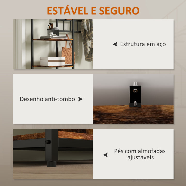 Móvel Cabide de Entrada com Sapateira Móvel de Entrada 4 em 1 com Banco Sapateira Prateleiras Ganchos Compartimento e Sistema Anti-Tombo para Corredor Dormitório 120x35x180 cm Marrom Escuro