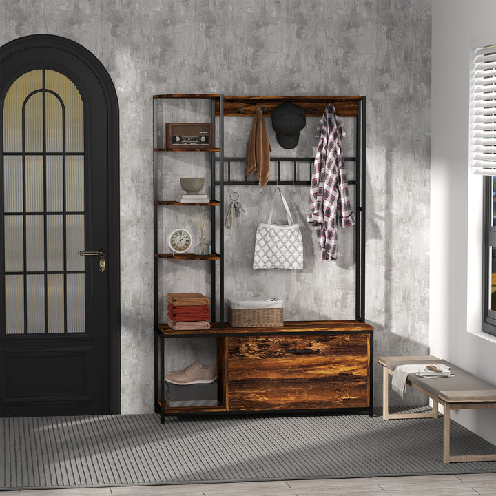 Móvel Cabide de Entrada com Sapateira Móvel de Entrada 4 em 1 com Banco Sapateira Prateleiras Ganchos Compartimento e Sistema Anti-Tombo para Corredor Dormitório 120x35x180 cm Marrom Escuro