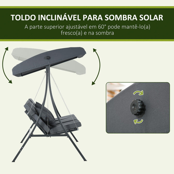 Baloiço de Jardim de 3 Lugares com Toldo Ajustável, Almofadas, Estrutura de Aço, Ideal para Terraço e Jardim, Capacidade de 320 kg, Cinzento (202x115x168 cm)