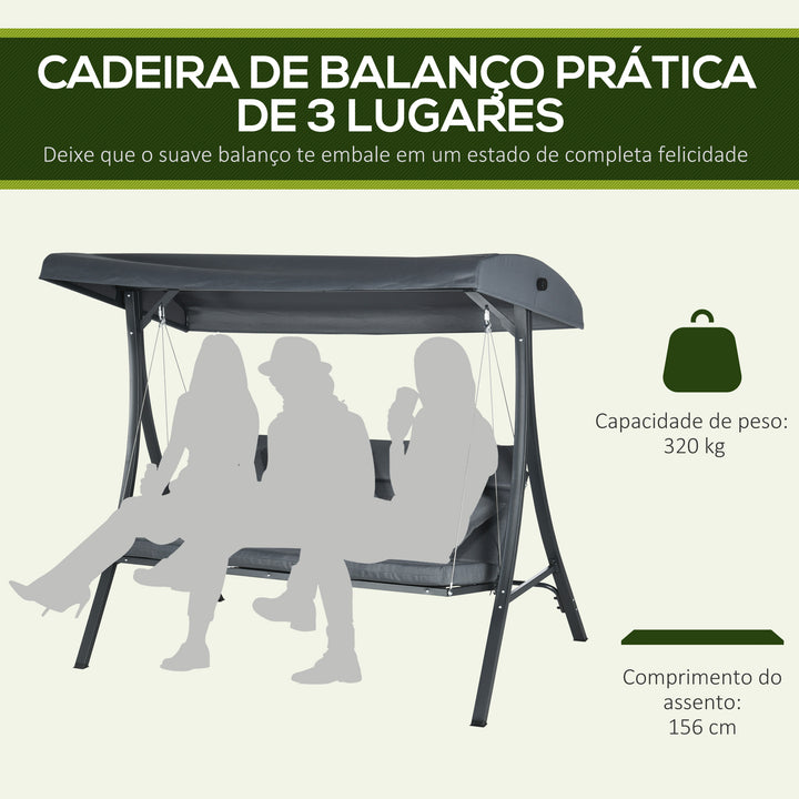 Baloiço de Jardim de 3 Lugares com Toldo Ajustável, Almofadas, Estrutura de Aço, Ideal para Terraço e Jardim, Capacidade de 320 kg, Cinzento (202x115x168 cm)