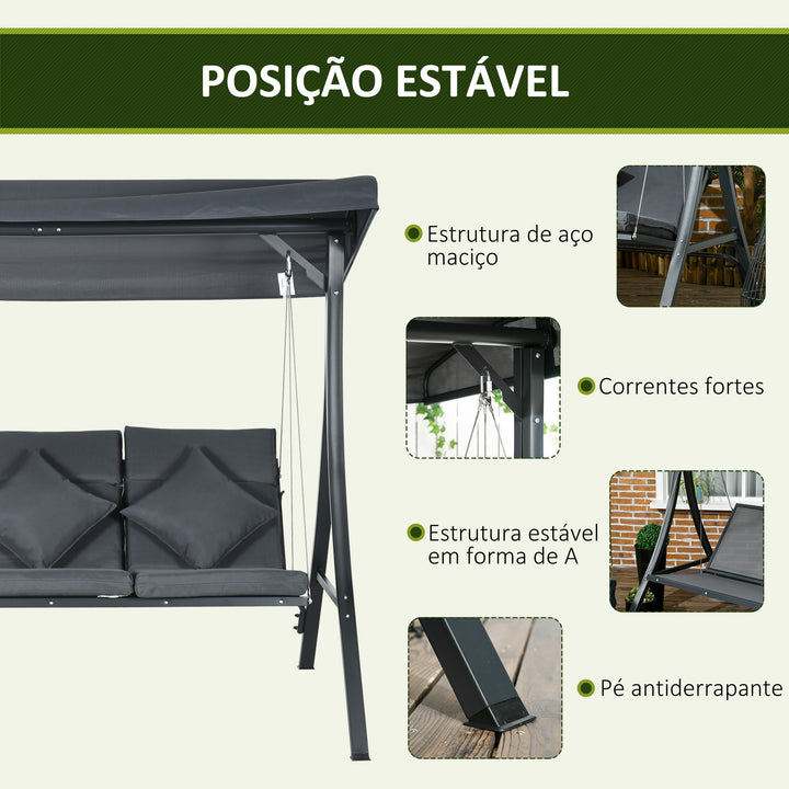 Baloiço de Jardim de 3 Lugares com Toldo Ajustável, Almofadas, Estrutura de Aço, Ideal para Terraço e Jardim, Capacidade de 320 kg, Cinzento (202x115x168 cm)