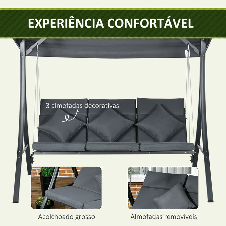 Baloiço de Jardim de 3 Lugares com Toldo Ajustável, Almofadas, Estrutura de Aço, Ideal para Terraço e Jardim, Capacidade de 320 kg, Cinzento (202x115x168 cm)