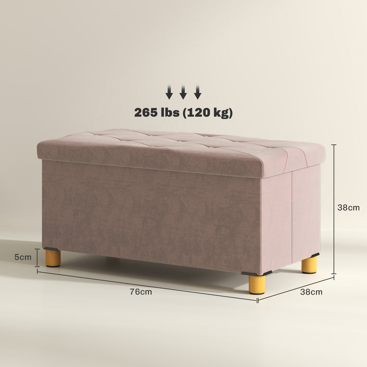 Banco de Armazenamento Dobrável Puff de Armazenamento Capacidade de 67 L Estofado em Veludo Baú de Armazenamento Quarto Carga 120 kg para Sala de Estar Entrada 76x38x38 cm Rosa Claro