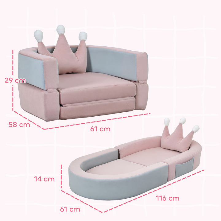 Sofá Infantil Convertível Sofá para Crianças com Almofada em Forma de Coroa Dobrável em Cama e Zona de Brincadeiras Estofado em Veludo Suave para Crianças dos 18 aos 36 Meses Rosa e Azul Acinzentado