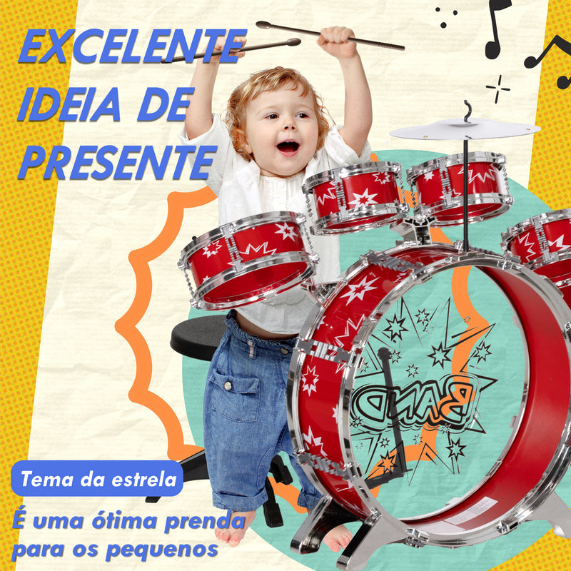 Bateria Infantil com Banco Bateria para Crianças acima de 3 Anos com Tambores Pedal e Baqueta Desenho com Tema de Estrelas 65x22x57 cm Vermelho