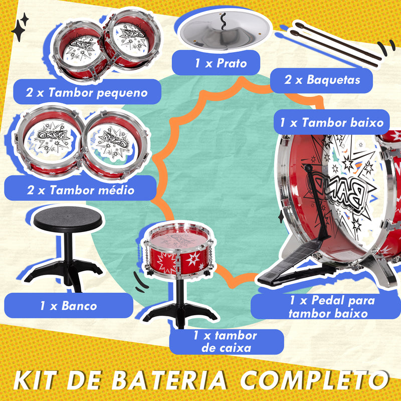 Bateria Infantil com Banco Bateria para Crianças acima de 3 Anos com Tambores Pedal e Baqueta Desenho com Tema de Estrelas 65x22x57 cm Vermelho