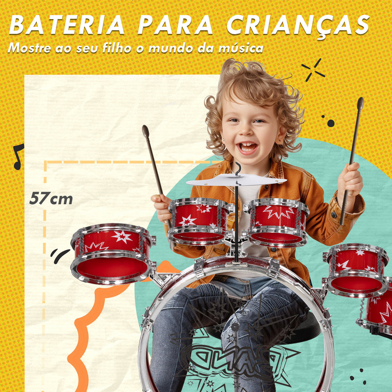 Bateria Infantil com Banco Bateria para Crianças acima de 3 Anos com Tambores Pedal e Baqueta Desenho com Tema de Estrelas 65x22x57 cm Vermelho