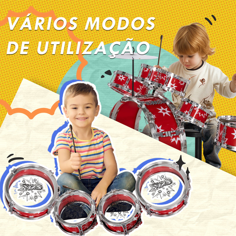 Bateria Infantil com Banco Bateria para Crianças acima de 3 Anos com Tambores Pedal e Baqueta Desenho com Tema de Estrelas 65x22x57 cm Vermelho