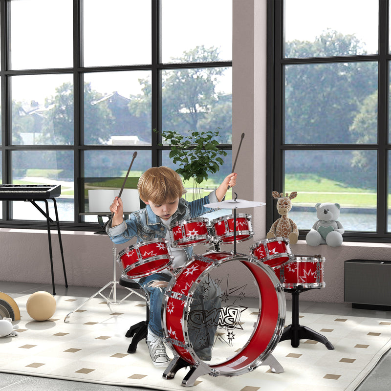 Bateria Infantil com Banco Bateria para Crianças acima de 3 Anos com Tambores Pedal e Baqueta Desenho com Tema de Estrelas 65x22x57 cm Vermelho