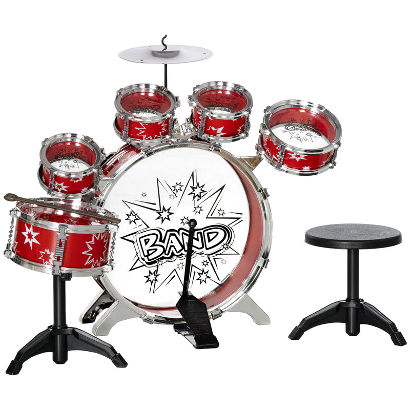 Bateria Infantil com Banco Bateria para Crianças acima de 3 Anos com Tambores Pedal e Baqueta Desenho com Tema de Estrelas 65x22x57 cm Vermelho