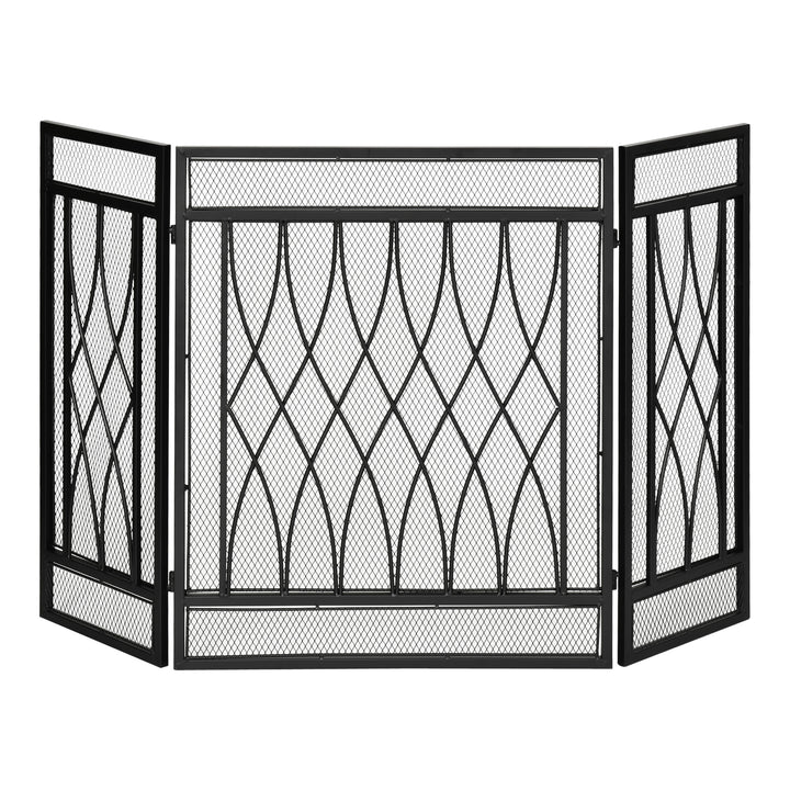 Frente de Lareira Dobrável Frente para Lareira com 3 Painéis com Dobradiças e Estrutura de Metal Decorativa 126x3x80cm Preto
