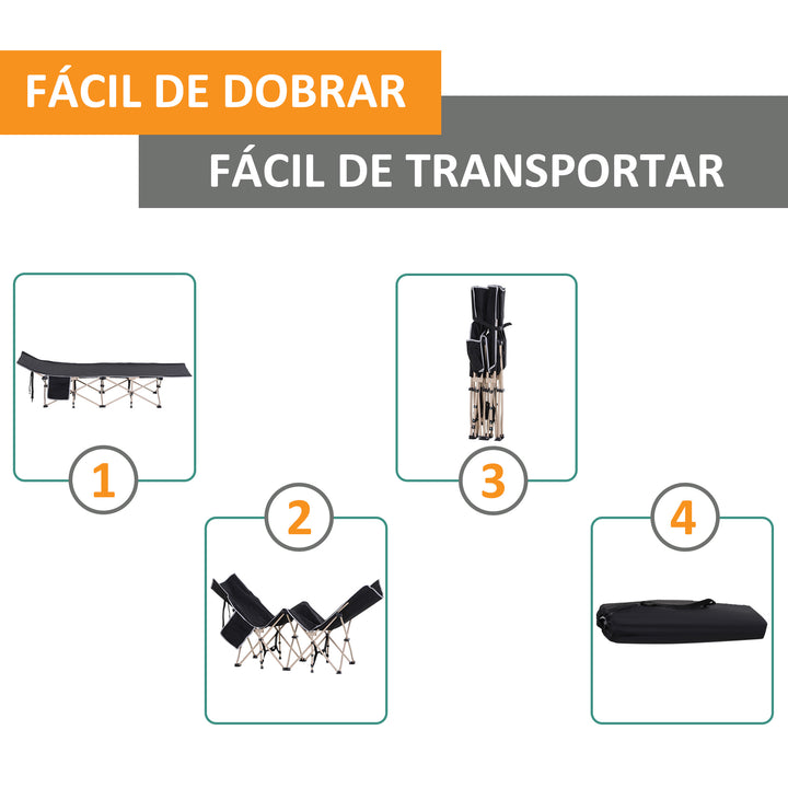 Cama de Campismo Dobrável Cama de Campismo com 1 Bolso Lateral Bolsa de Transporte e Estrutura de Aço Carga Máxima 150 kg para Praia Trilha 190x68x52 cm Preto