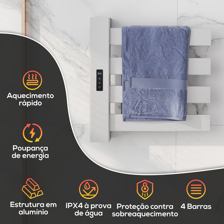 Toalheiro Elétrico de Parede 130W Toalheiro Elétrico em Liga de Alumínio com Control WIFI Ecrã Tátil Temporizador 4 Barras Temperatura Ajustável Baixo Consumo IPX4 47,5x9,5x49 cm Branco
