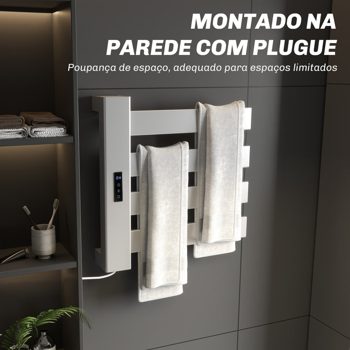 Toalheiro Elétrico de Parede 130W Toalheiro Elétrico em Liga de Alumínio com Control WIFI Ecrã Tátil Temporizador 4 Barras Temperatura Ajustável Baixo Consumo IPX4 47,5x9,5x49 cm Branco