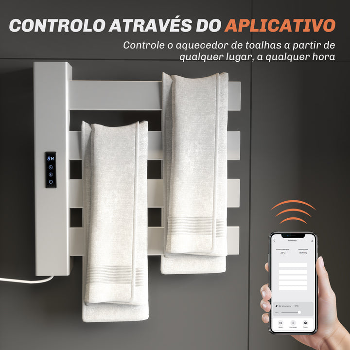 Toalheiro Elétrico de Parede 130W Toalheiro Elétrico em Liga de Alumínio com Control WIFI Ecrã Tátil Temporizador 4 Barras Temperatura Ajustável Baixo Consumo IPX4 47,5x9,5x49 cm Branco