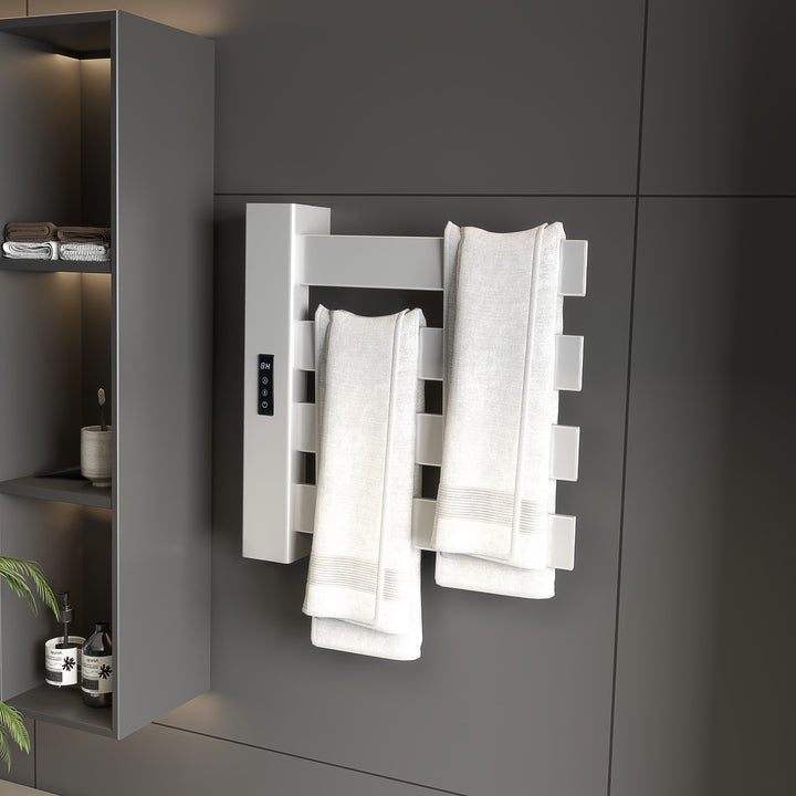 Toalheiro Elétrico de Parede 130W Toalheiro Elétrico em Liga de Alumínio com Control WIFI Ecrã Tátil Temporizador 4 Barras Temperatura Ajustável Baixo Consumo IPX4 47,5x9,5x49 cm Branco