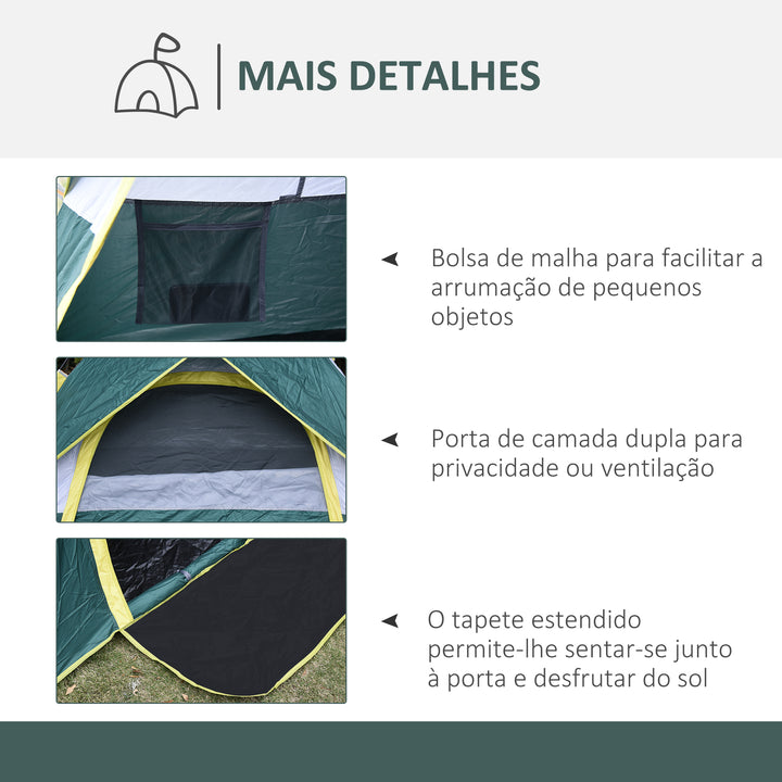 Tenda de Campismo para 3 Pessoas Tenda de Campismo Dobrável com 1 Porta 3 Janelas Bolsa de Transporte e Abertura Automática para Praia Parque 205x195x135 cm Verde