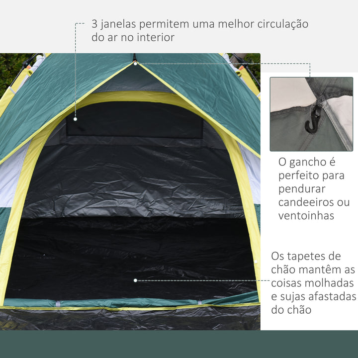 Tenda de Campismo para 3 Pessoas Tenda de Campismo Dobrável com 1 Porta 3 Janelas Bolsa de Transporte e Abertura Automática para Praia Parque 205x195x135 cm Verde