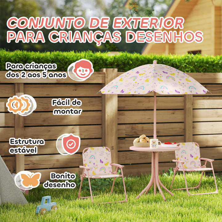 Conjunto de Mesa e Cadeiras para Crianças de Jardim Mesa Infantil com Cadeiras Dobráveis Chapéu de Sol Ajustável e Desenho de Borboletas para Pátio Piquenique Verde