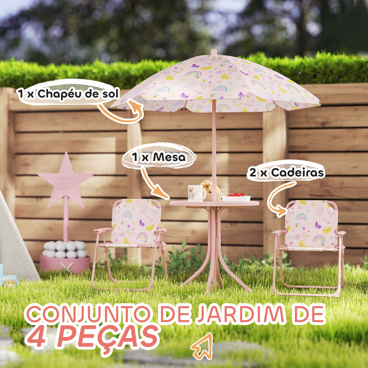 Conjunto de Mesa e Cadeiras para Crianças de Jardim Mesa Infantil com Cadeiras Dobráveis Chapéu de Sol Ajustável e Desenho de Borboletas para Pátio Piquenique Verde