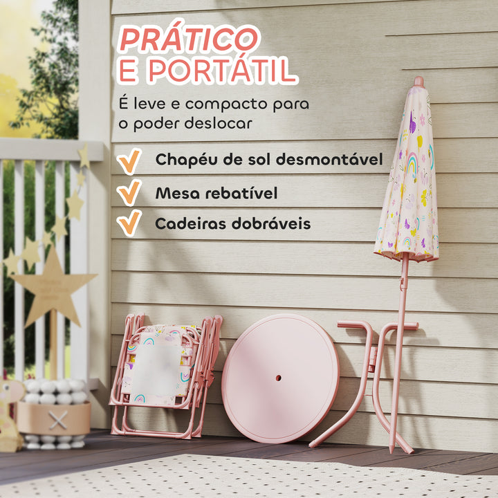 Conjunto de Mesa e Cadeiras para Crianças de Jardim Mesa Infantil com Cadeiras Dobráveis Chapéu de Sol Ajustável e Desenho de Borboletas para Pátio Piquenique Verde