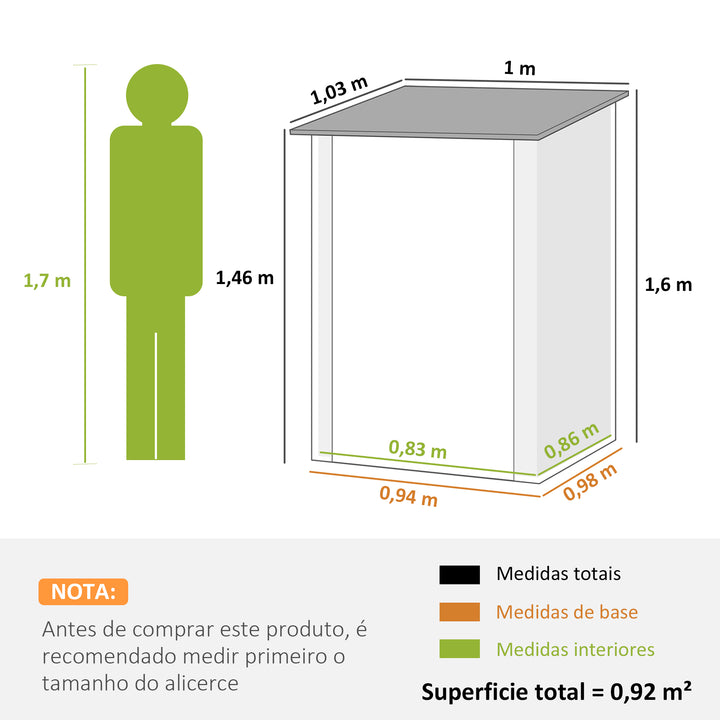 Abrigo de Jardim Exterior 0,92 m² 100x103x160 cm Abrigo de Jardim Metálica com 1 Porta e Fecho para Armazenamento de Ferramentas para Pátio Terraço, Castanho Claro