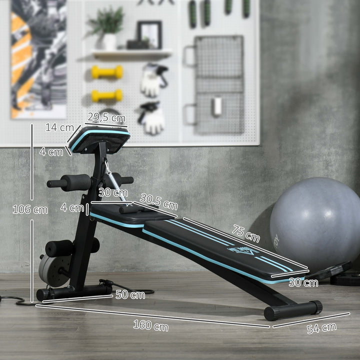 Banco de Musculação com Encosto Ajustável em 7 Posições Extensão de Pernas Apoio para Bíceps e Banda de Resistência para Treino Completo em Casa 54x160x106cm Preto e Azul
