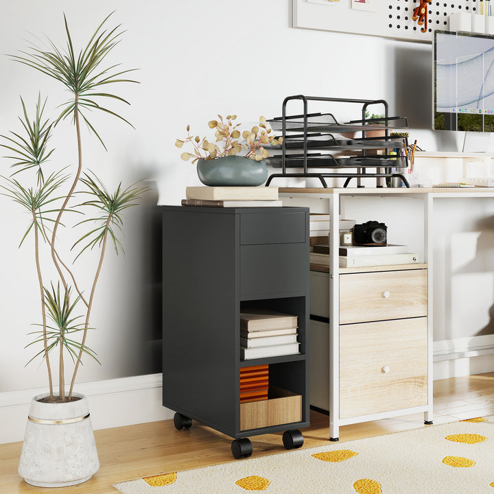 Mesa Auxiliar com Bancada Deslizante e Rodas Mesa Auxiliar com Armazenamento Oculto e Prateleira Ajustável para Sala de Estar Quarto 45x25x70 cm Preto